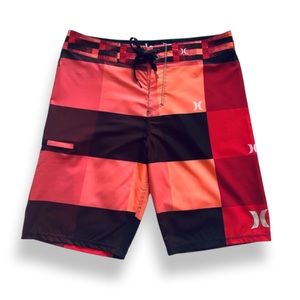 HURLEY | Red & Orange Checkered Phantom Swim Board Shorts